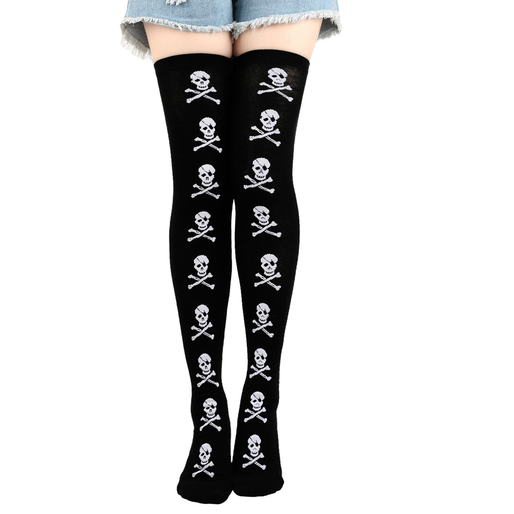 Halloween Over Knee Socks With Skull Print Design For Party